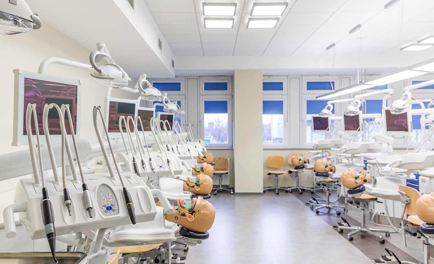 Practice dummies for dental treatment in a dental classroom